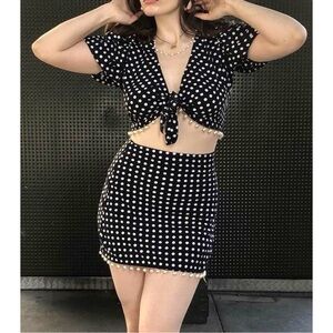 Courtyard LA 2 Piece Set Black White Polka Dot Pearl Trimmed Mini Skirt & Top